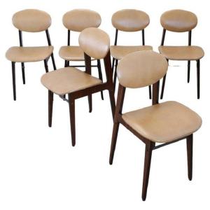 Dining Chairs In Beech Wood And Faux Leather, 1960s, Set Of 6