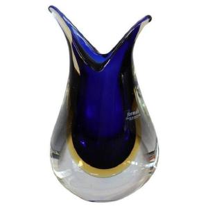 Vase En Verre De Murano Bleu Et Jaune De Formia, 1970s