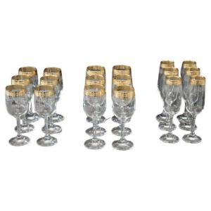 Set Of 18 Crystal Glasses With Golden Edge