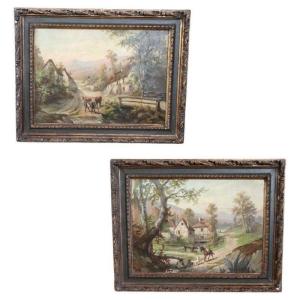 Country Town Landscape, 1890, Oil Painting On Canvas, Framed, Set Of 2