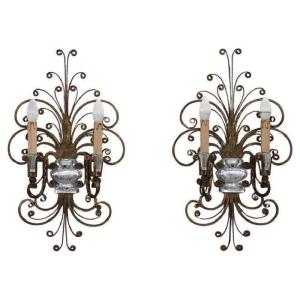 Gilded Iron And Crystal Sconces Attributed To Maison Baguès, 1950s, Set Of 2