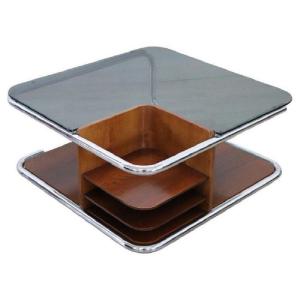 Square Coffee Table In Walnut, Glass And Chrome, 1970s