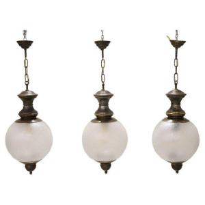 Pendant Lamps In Brass And Glass, 1960s, Set Of 3