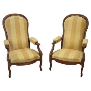 Set Of Upholstered Walnut Reclining Armchairs