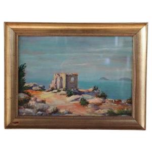 Paysage De Falaise Sur La Mer, Peinture à l'Huile Sur Bois