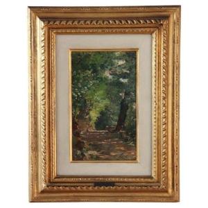 Italian Artist, Path In The Woods, Oil Painting On Board, Late 19th Century