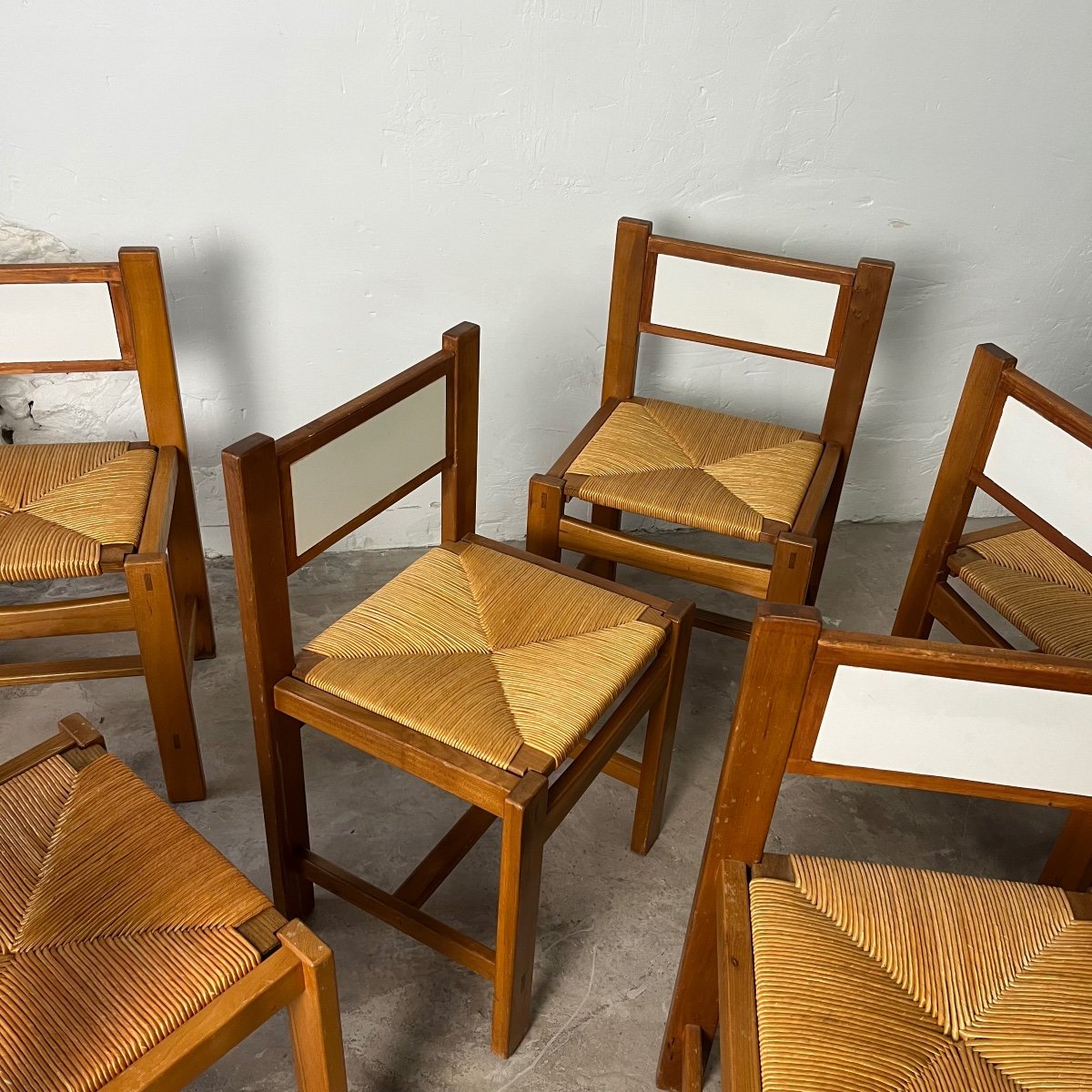 Series Of 6 Brutalist Pine & Straw Chairs-photo-3