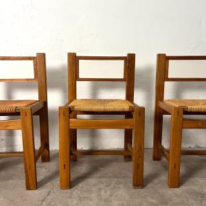 Series Of 6 Brutalist Pine & Straw Chairs