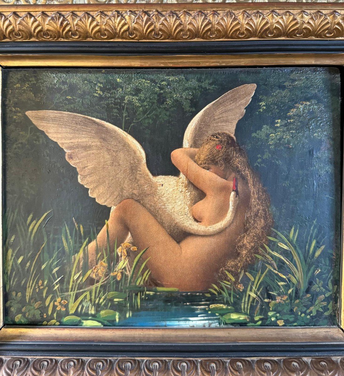 Charles Sellier, Leda And The Swan, Oil On Wood, Mid 19th Century. -photo-1