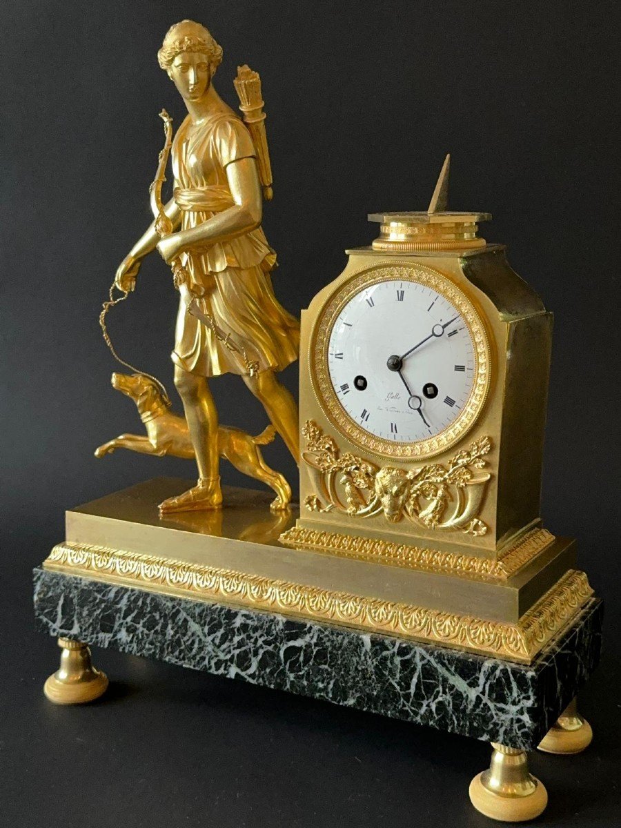 Empire Period Clock Signed Galle, Diane Chasseresse. -photo-1