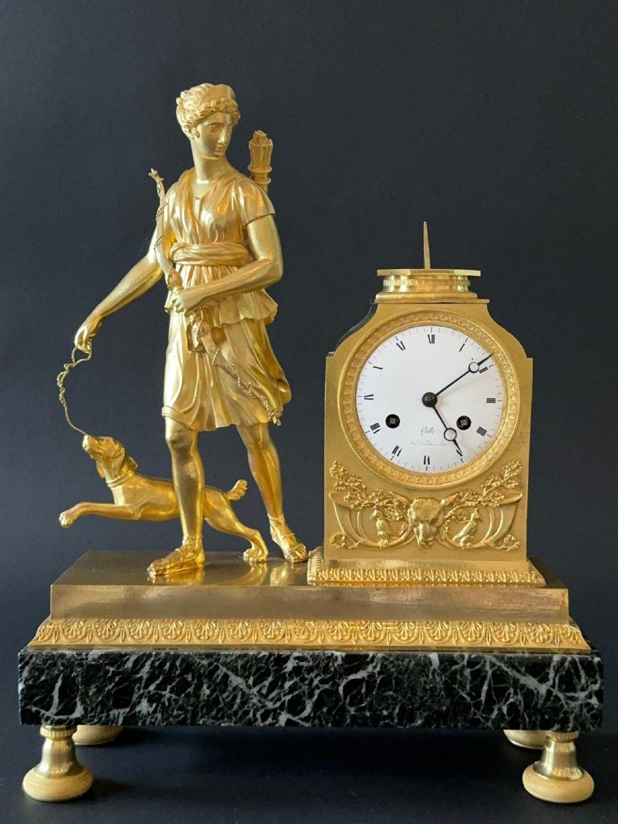 Empire Period Clock Signed Galle, Diane Chasseresse. 