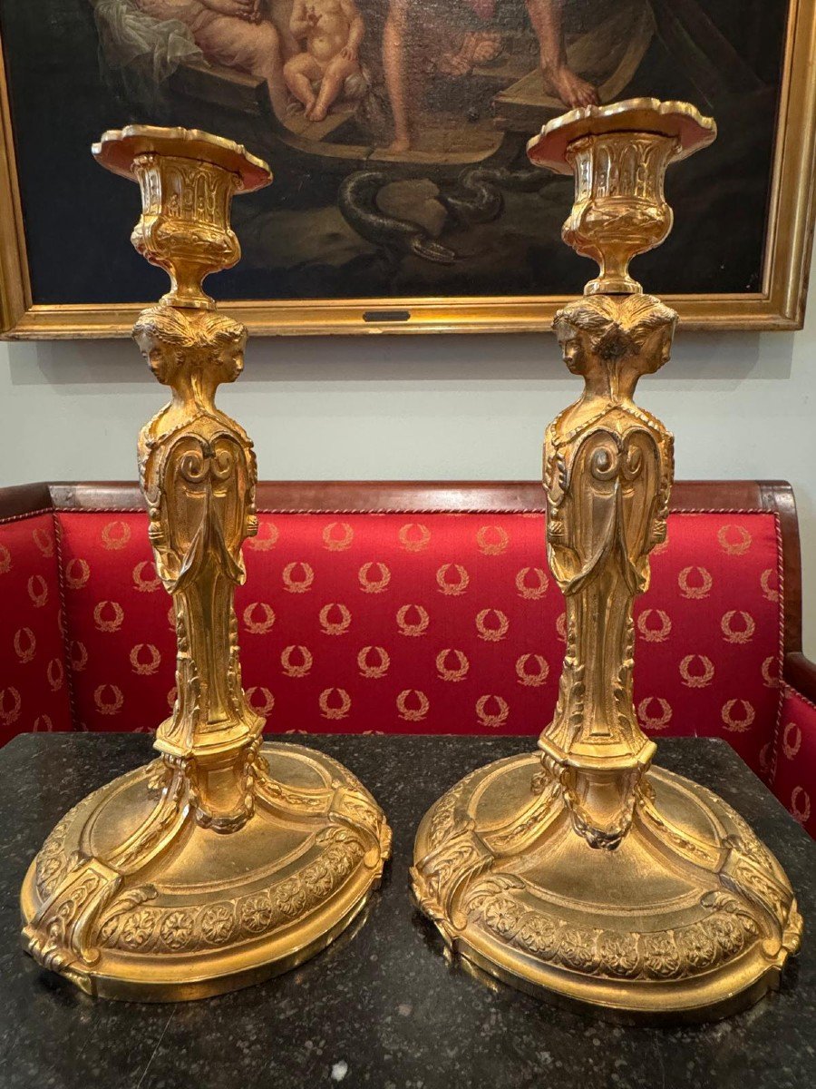 Pair Of Gilt Bronze Candlesticks After François Rémond.-photo-2