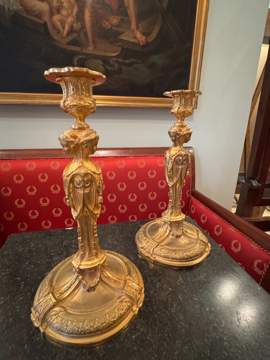 Pair Of Gilt Bronze Candlesticks After François Rémond.-photo-3