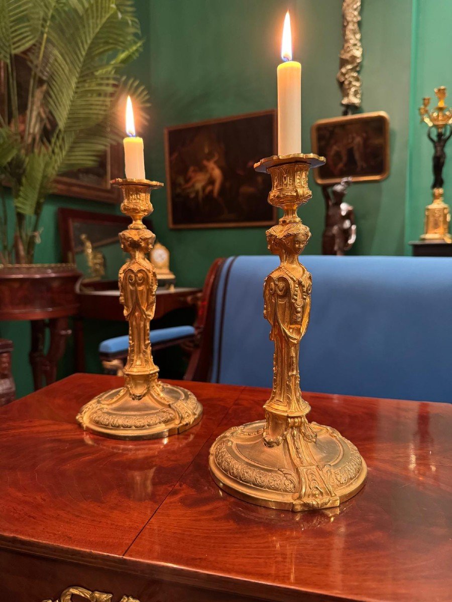 Pair Of Gilt Bronze Candlesticks After François Rémond.-photo-6