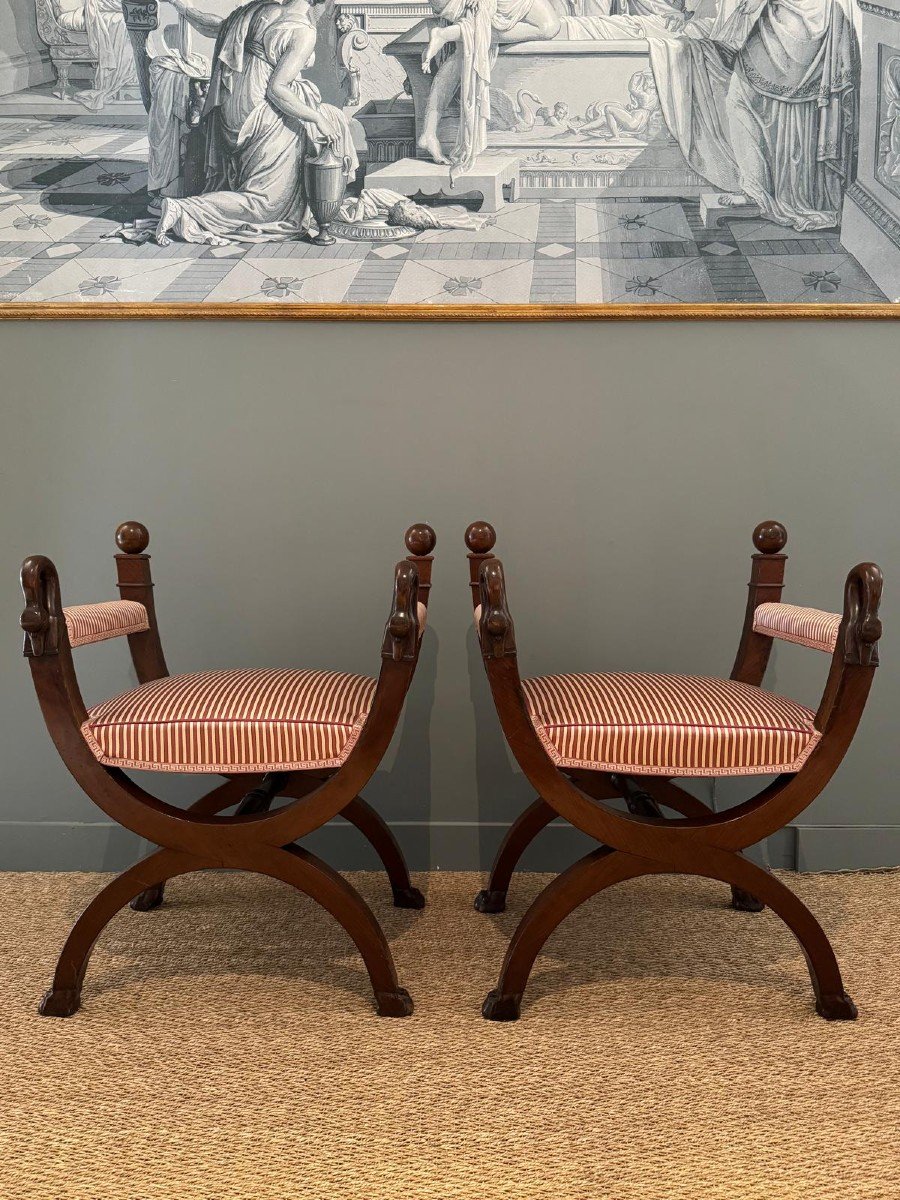 Pair Of Large Curule Stools From The Empire-consulate Period. -photo-2