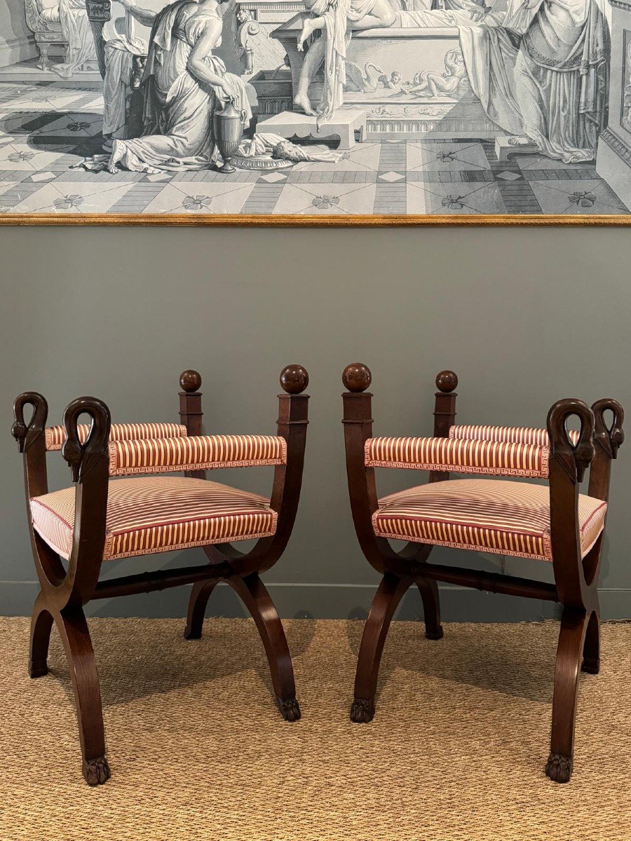 Pair Of Large Curule Stools From The Empire-consulate Period. -photo-4