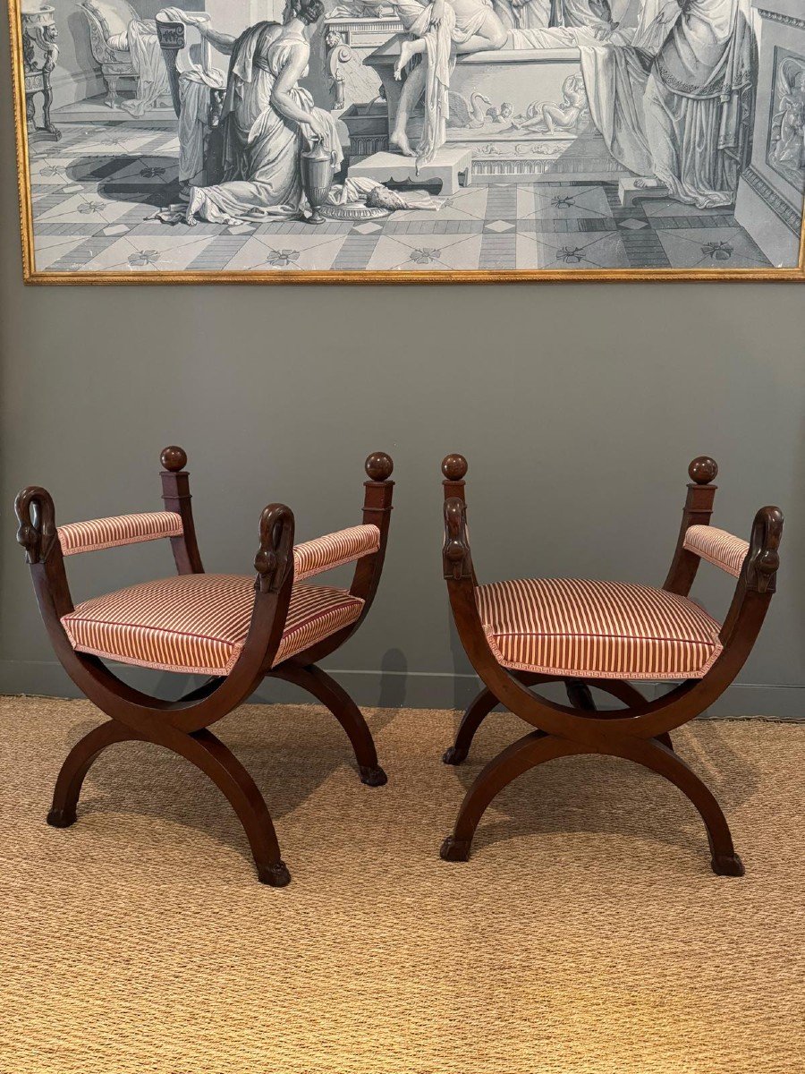 Pair Of Large Curule Stools From The Empire-consulate Period. -photo-1