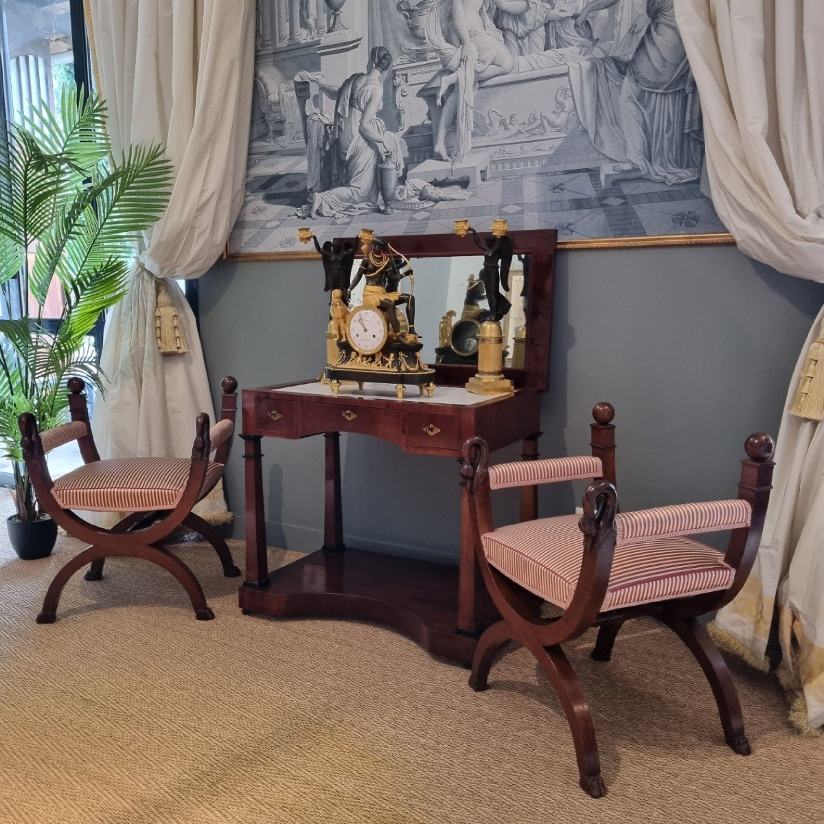 Pair Of Large Curule Stools From The Empire-consulate Period. -photo-7