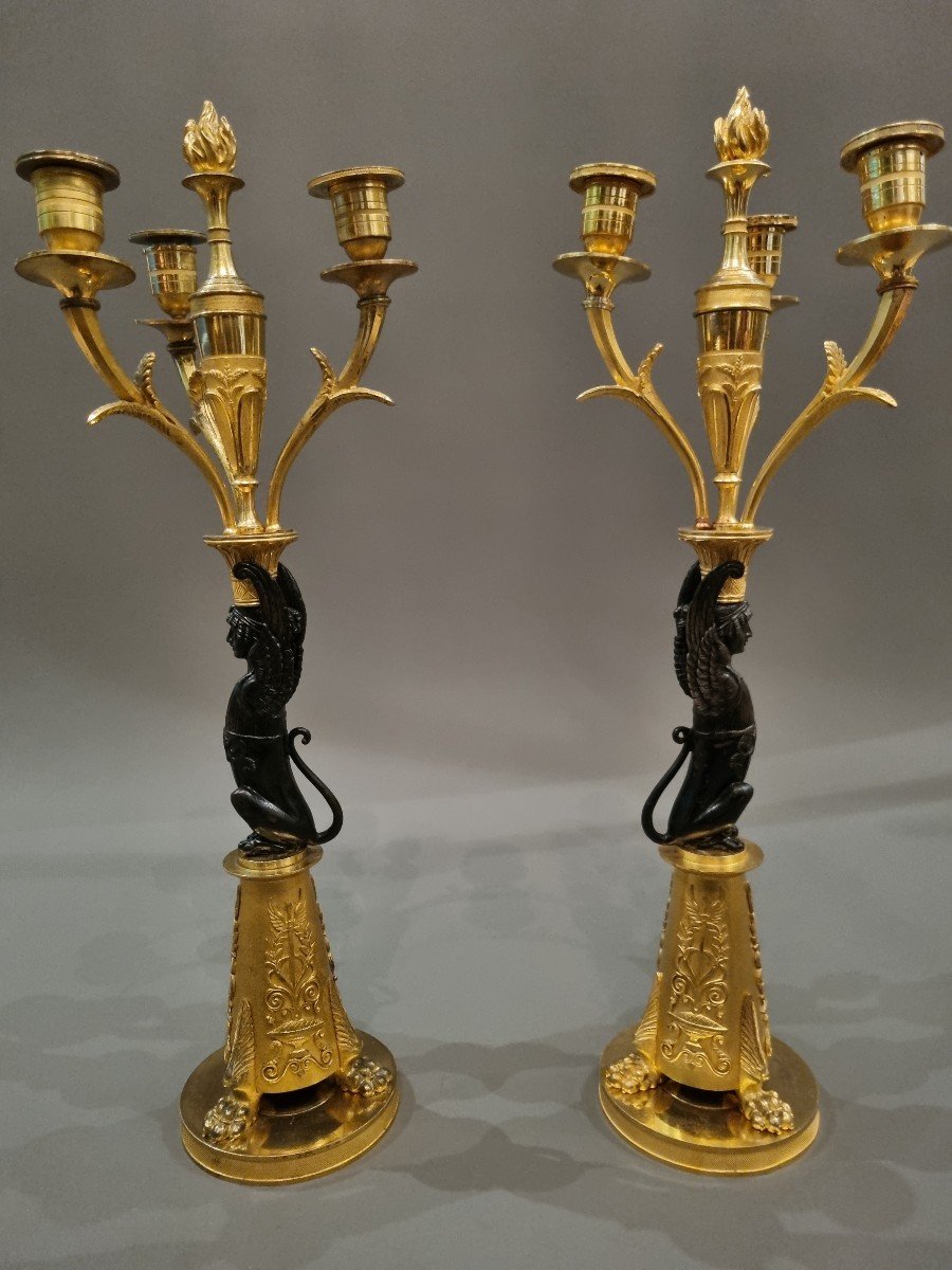 Pair Of Candelabra With Winged Sphinxes From The Empire-consulate Period. -photo-3