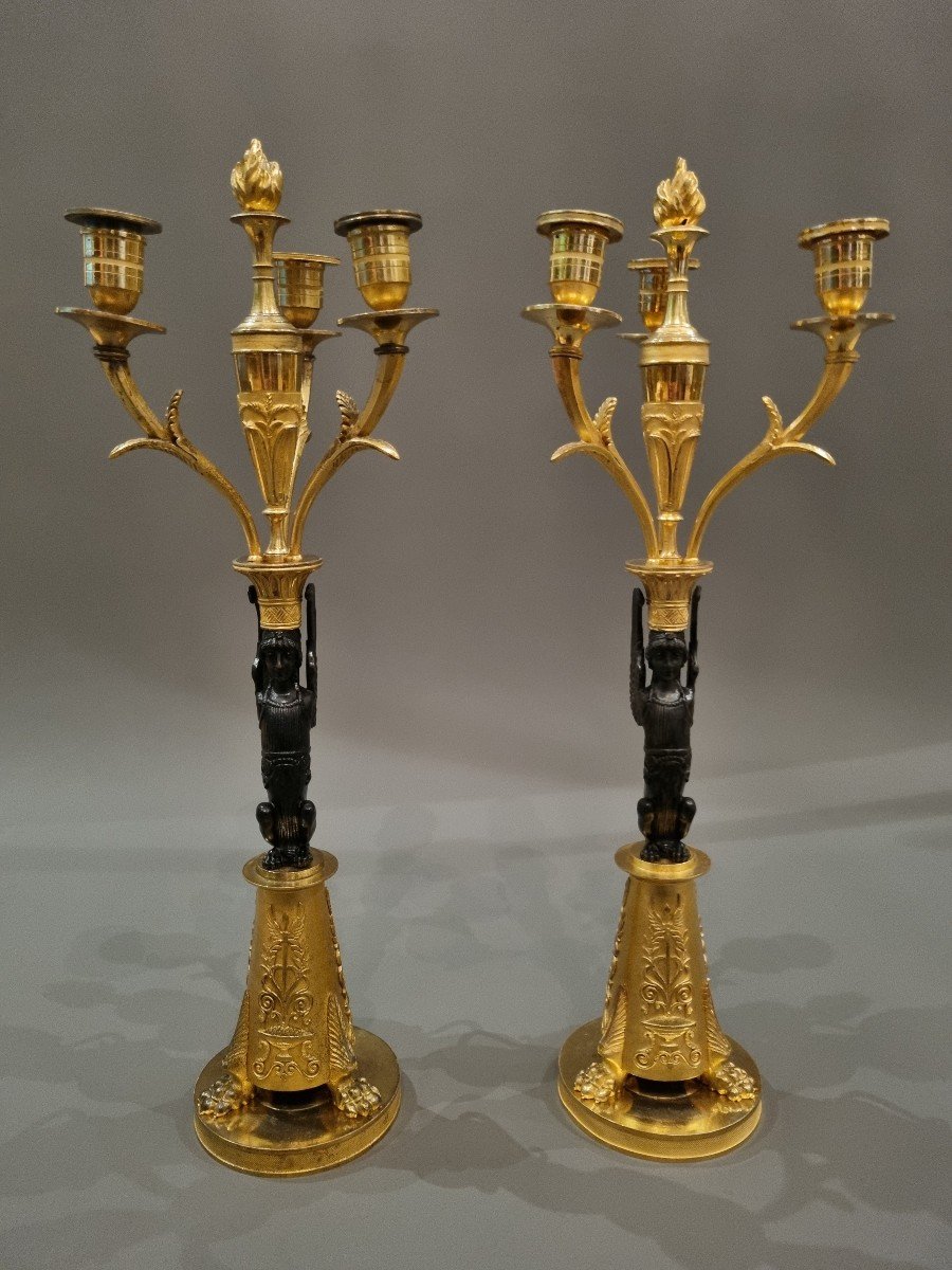 Pair Of Candelabra With Winged Sphinxes From The Empire-consulate Period. -photo-4