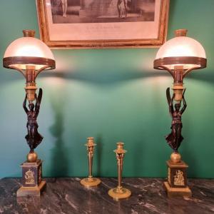 Thomire: Spectacular And Extremely Rare Pair Of Astral Lamps, Empire Period.