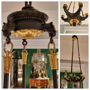 Empire Period, Superb Chandelier In The Antique With The Heads Of Chimeras.