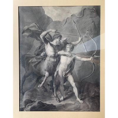 Ink Wash Signed From 1801: The Education Of Achilles By The Centaur Chiron, Entourage Regnault.