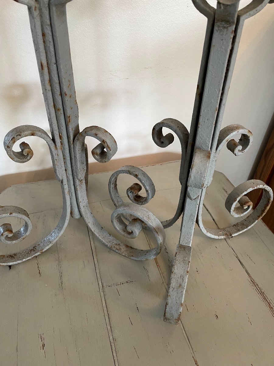 Old And Large Pair Of Painted Wrought Iron Candlesticks. End Of The XIX Eme Century-photo-4