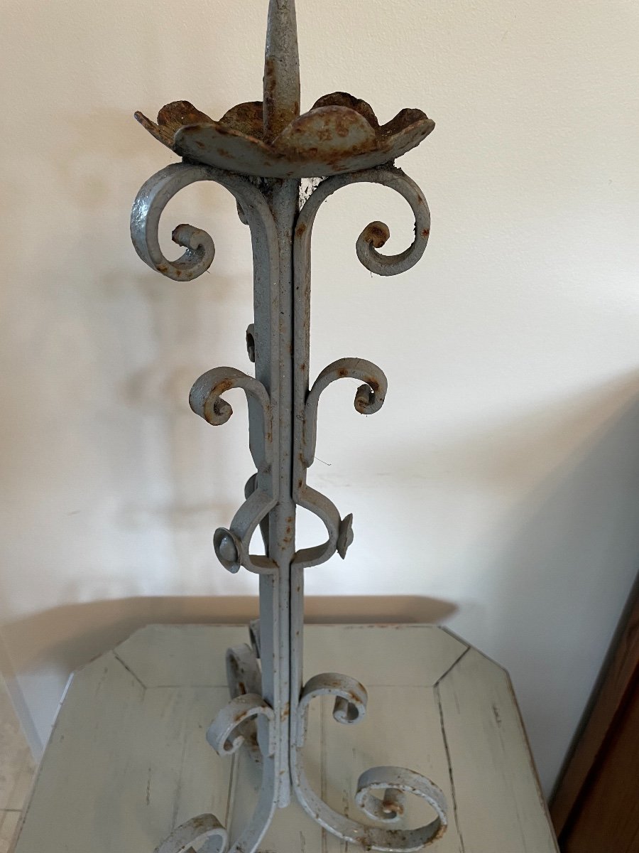 Old And Large Pair Of Painted Wrought Iron Candlesticks. End Of The XIX Eme Century-photo-1