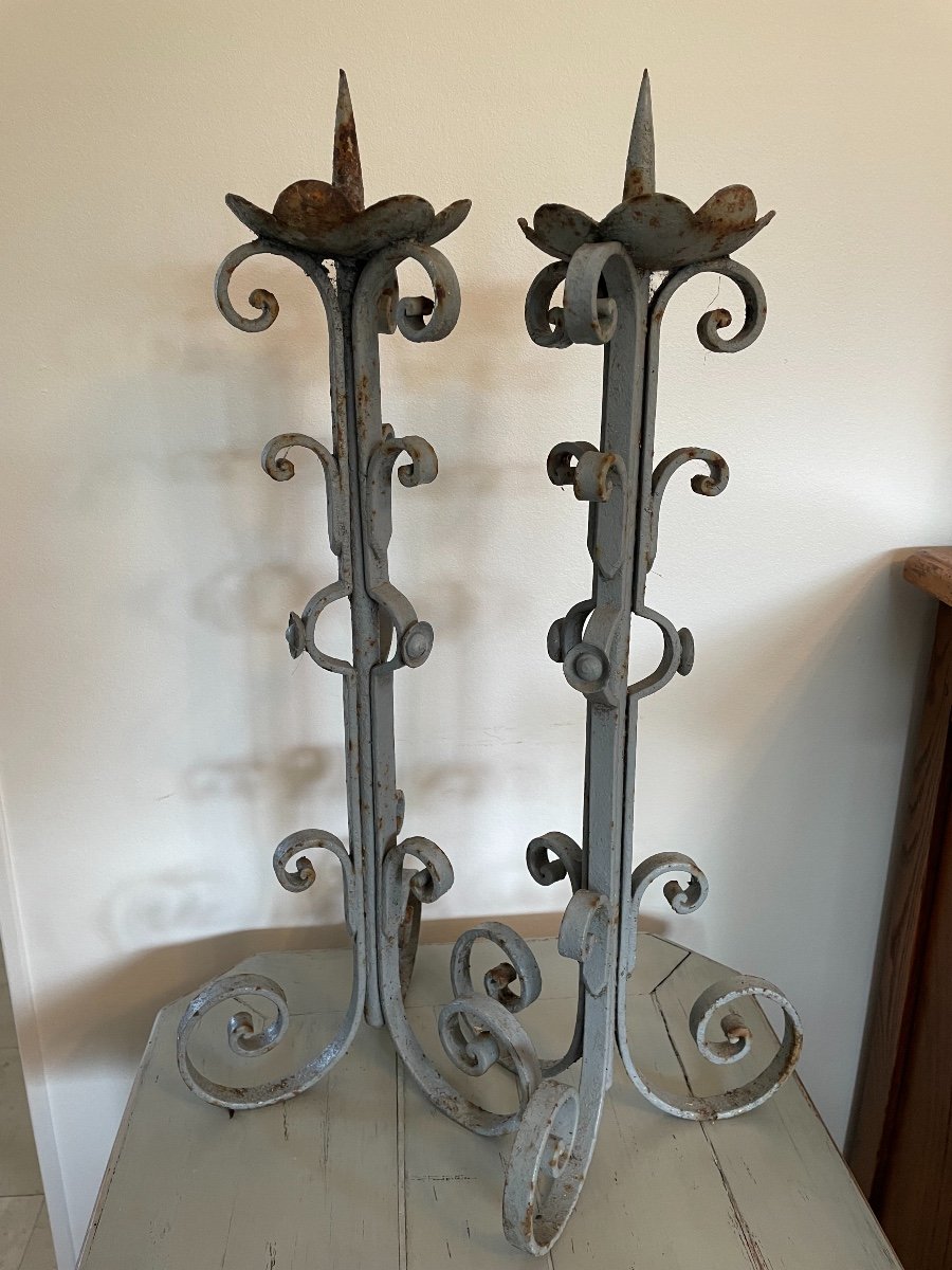 Old And Large Pair Of Painted Wrought Iron Candlesticks. End Of The XIX Eme Century