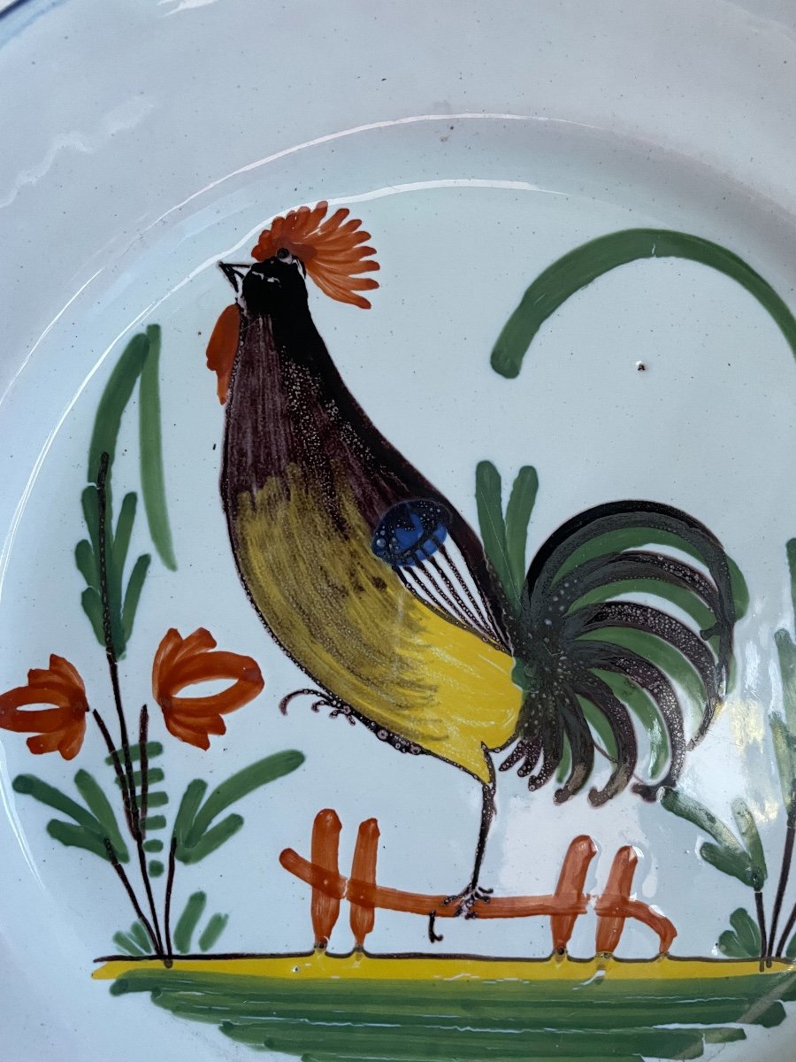 Old Rooster Plate In Waly Faience Epoque XIX Eme Century Perfect Condition-photo-3