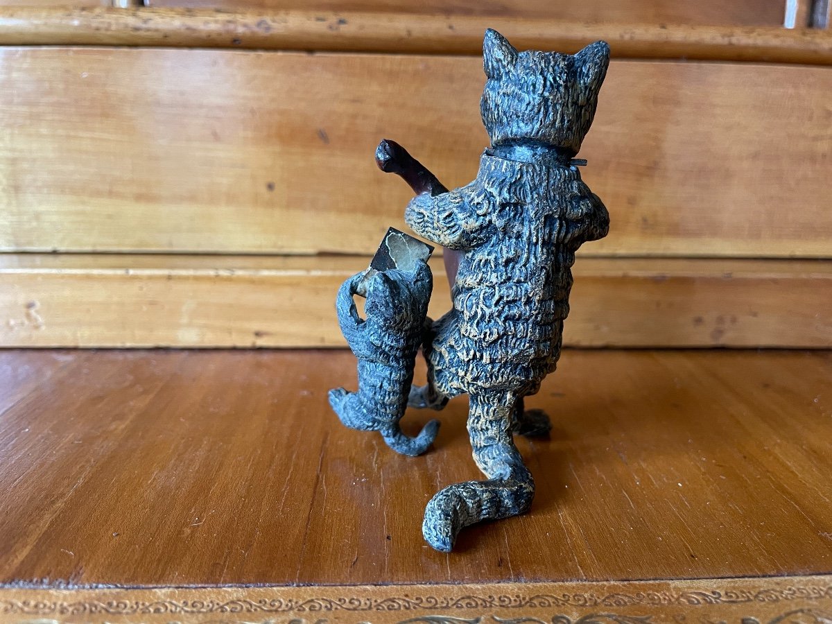 The Musician Cat: Small Animated Lead Cat From Nuremberg, Late XIX Eme Dlg Vienna Bronze-photo-3