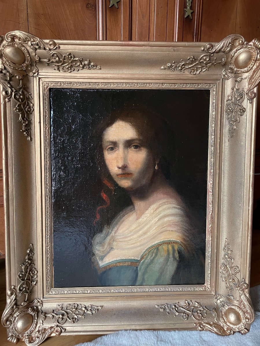 Old Painting Portrait Woman With Red Ribbon, Oil On Canvas Early XIX Eme Hst-photo-1