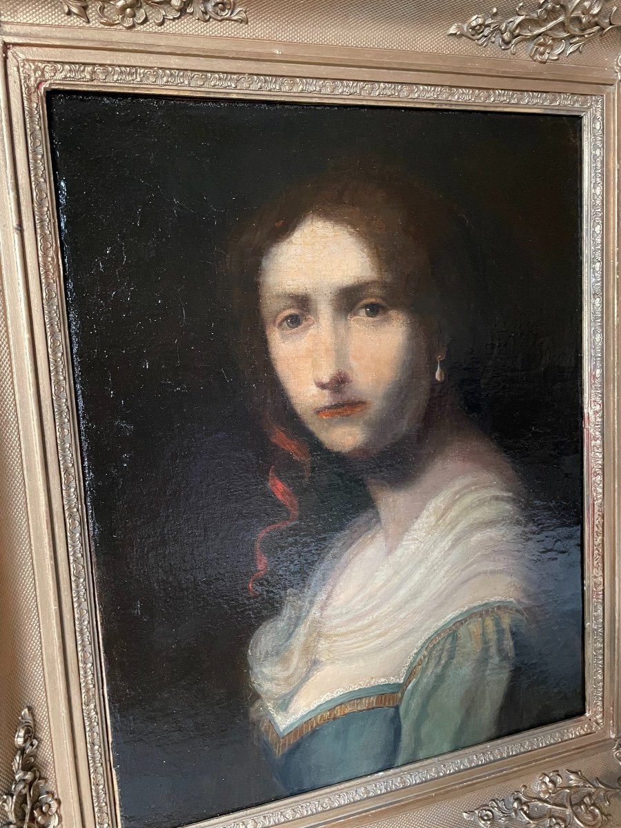 Old Painting Portrait Woman With Red Ribbon, Oil On Canvas Early XIX Eme Hst-photo-3