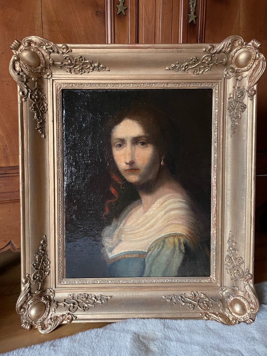 Old Painting Portrait Woman With Red Ribbon, Oil On Canvas Early XIX Eme Hst