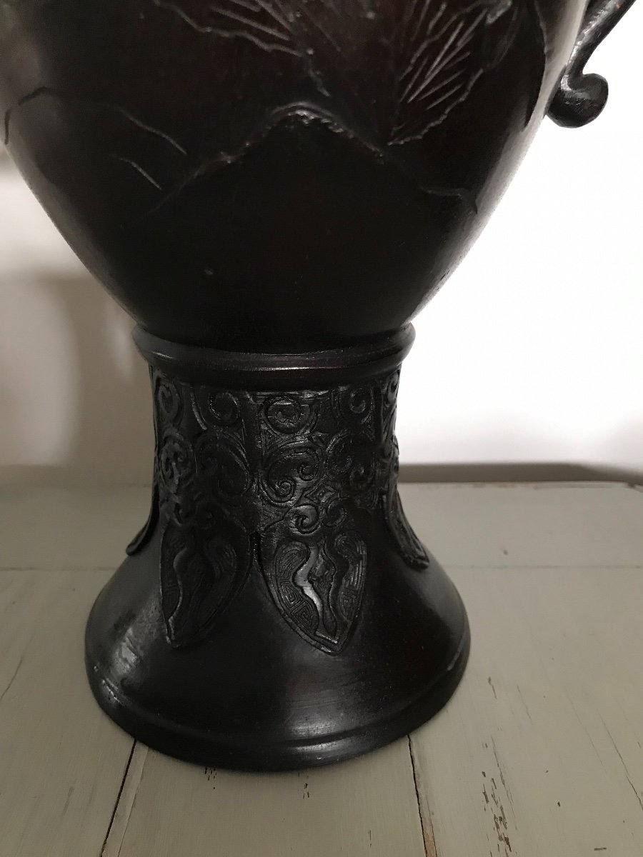 Ancienne Grande Paire De Vases En Bronze Origine Chine Fin Du XIX ème Siècle à Décor d'Oiseaux-photo-6