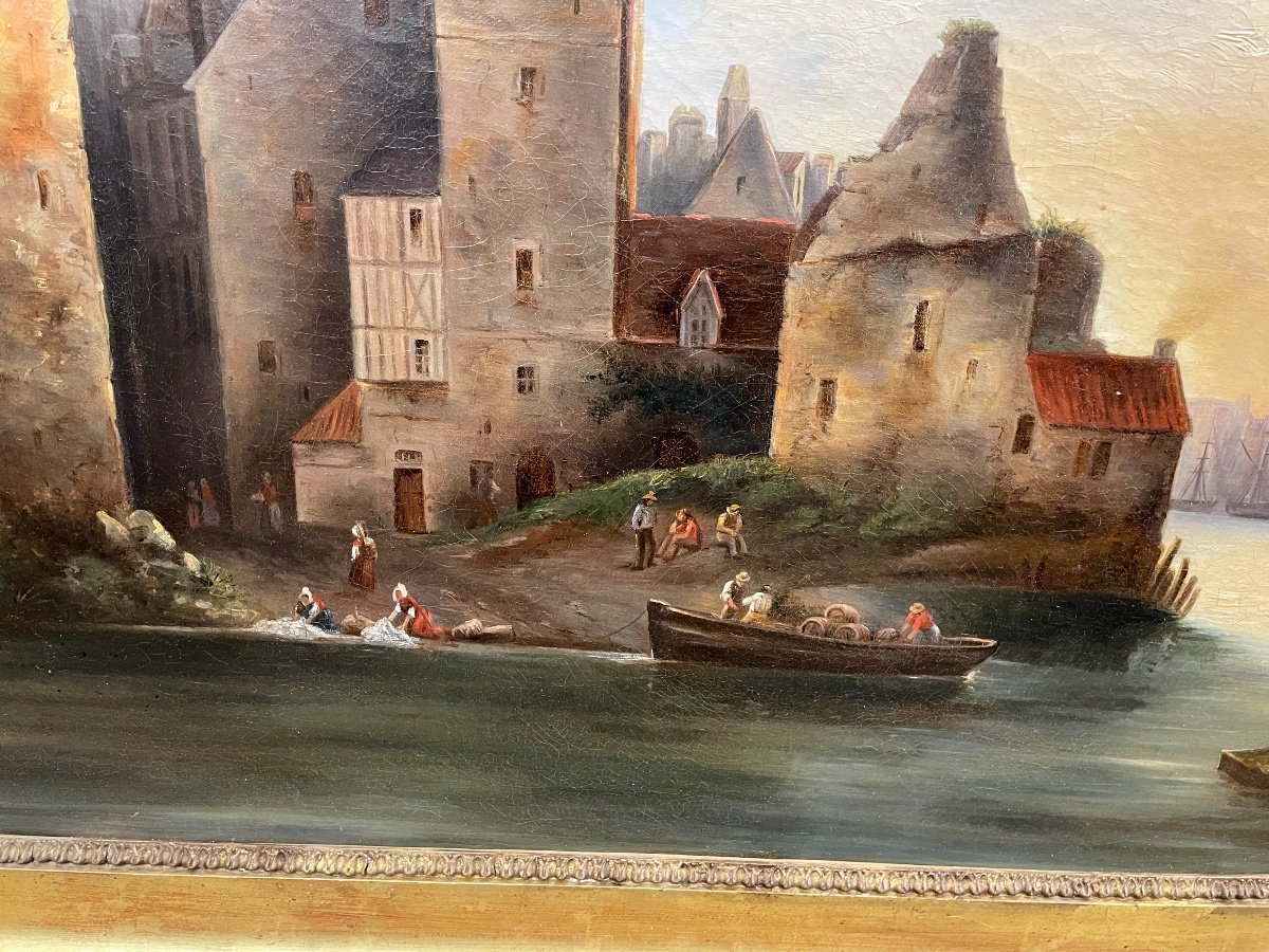 Old Oil Painting On Canvas Marine And Washerwomen, Early XIXth Century-photo-3