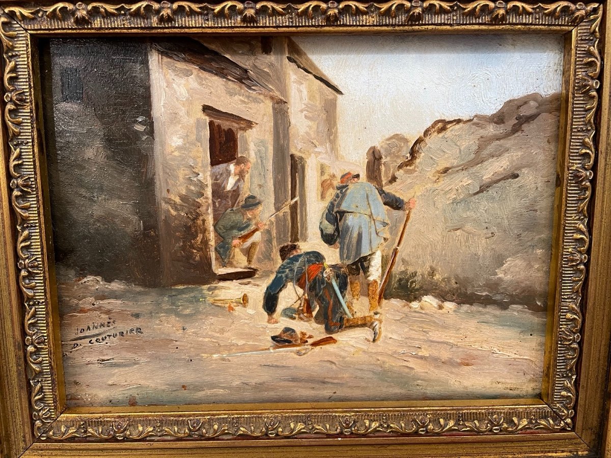 Ancien Petit Tableau Huile Sur Panneau d'Acajou : l'Embuscade Fin Du XIX ème Siècle-photo-2