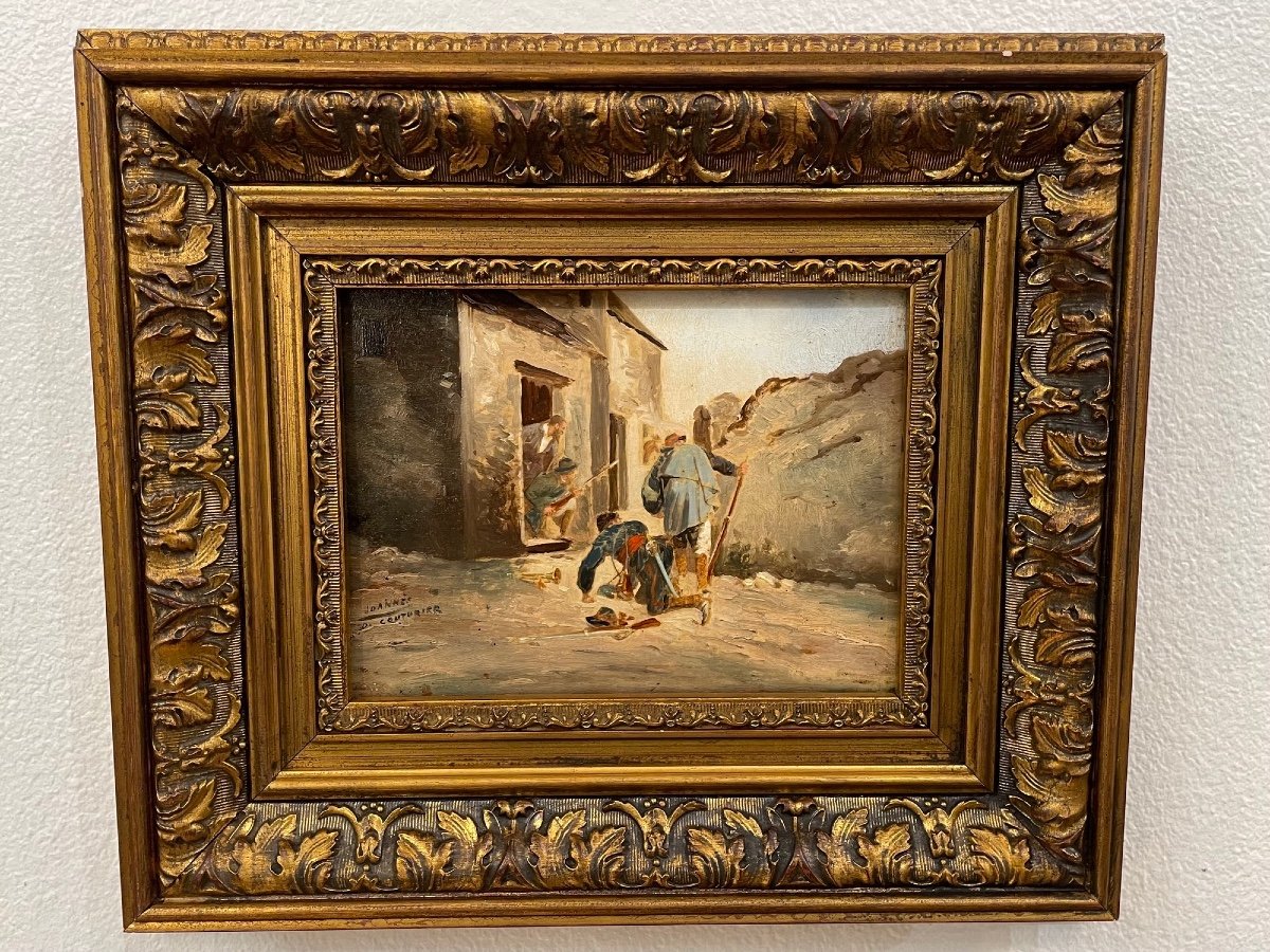 Ancien Petit Tableau Huile Sur Panneau d'Acajou : l'Embuscade Fin Du XIX ème Siècle