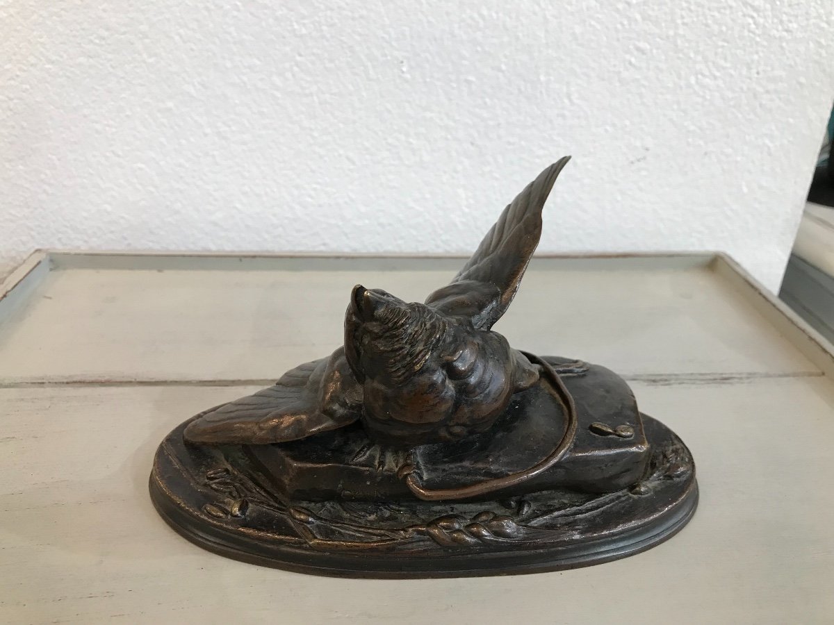 Small Animal Bronze By A Cain: The Sparrow In The Trap, XIXth Time Old Patinated Bronze-photo-2