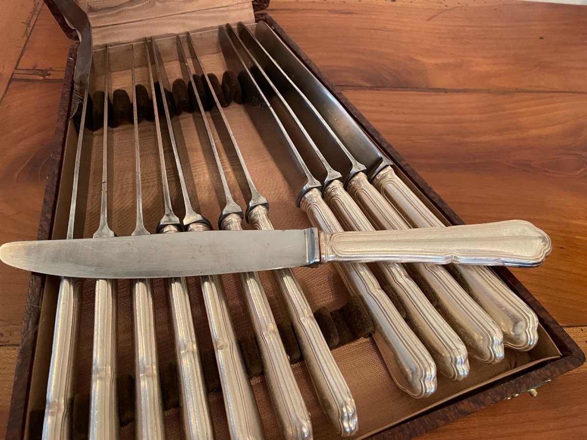 Series Of 12 Silver Plated Table Knives By P Meurgey In A Louis XV Box-photo-4