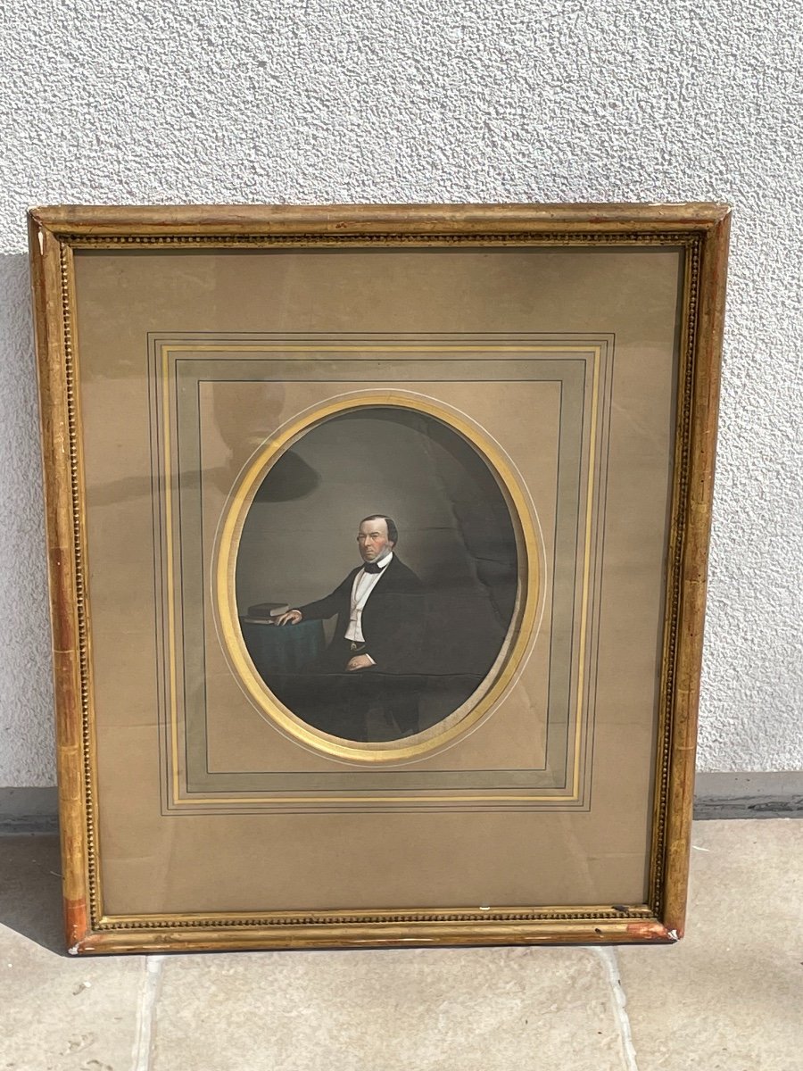 Ancien Tableau Portrait XIX Eme Huile Sur Carton Encadré Miniature -photo-1