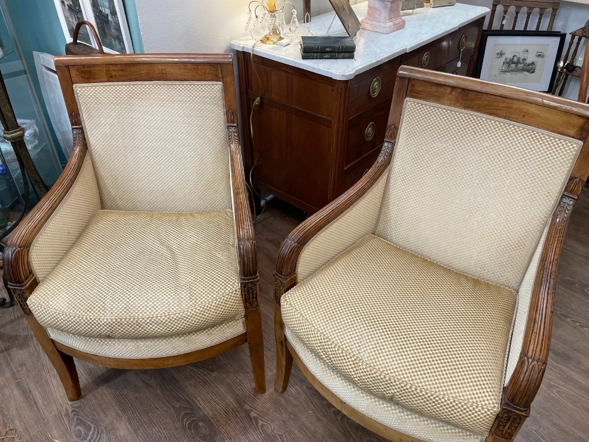 Old Pair Of Bergeres Empire Armchairs In Walnut XIXth Time Very Good Condition-photo-2