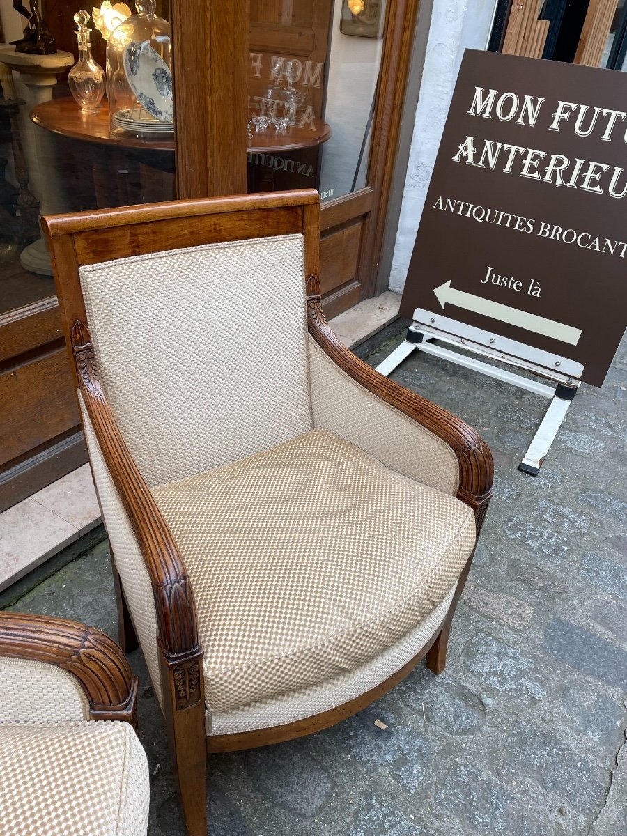 Old Pair Of Bergeres Empire Armchairs In Walnut XIXth Time Very Good Condition-photo-1