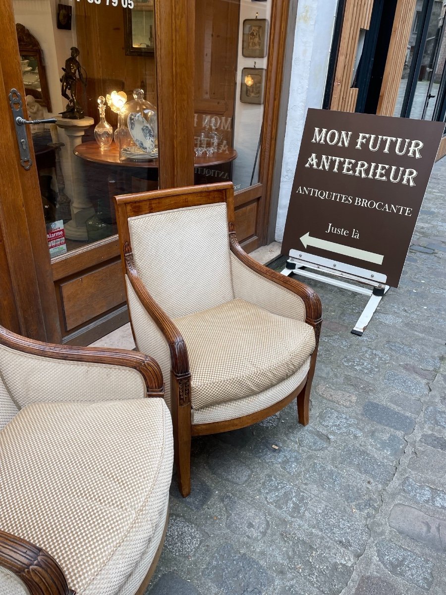 Old Pair Of Bergeres Empire Armchairs In Walnut XIXth Time Very Good Condition-photo-2