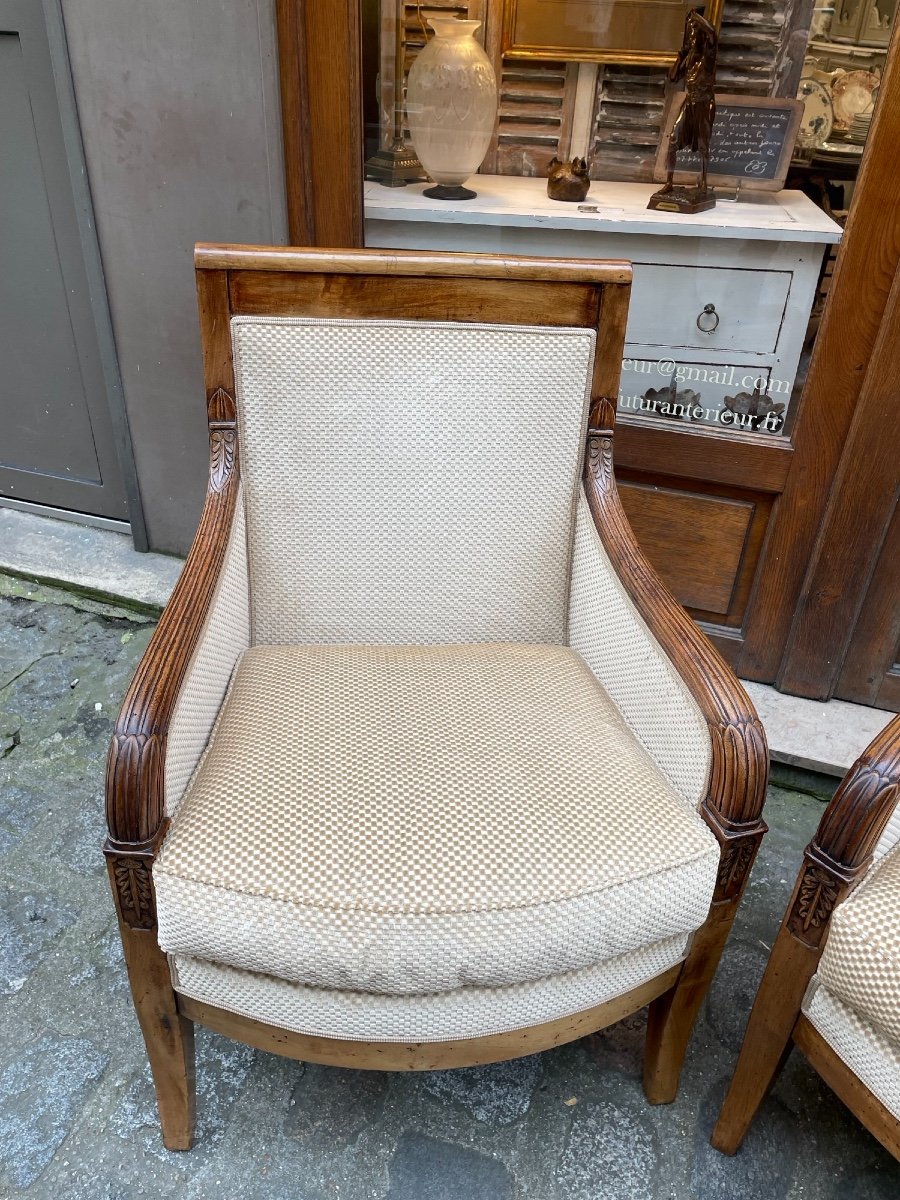 Old Pair Of Bergeres Empire Armchairs In Walnut XIXth Time Very Good Condition-photo-4