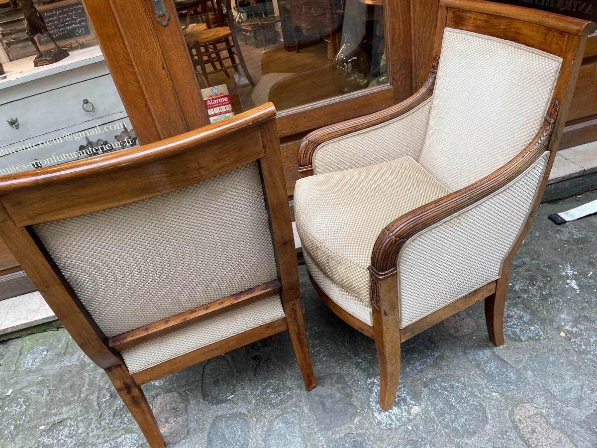 Old Pair Of Bergeres Empire Armchairs In Walnut XIXth Time Very Good Condition-photo-6