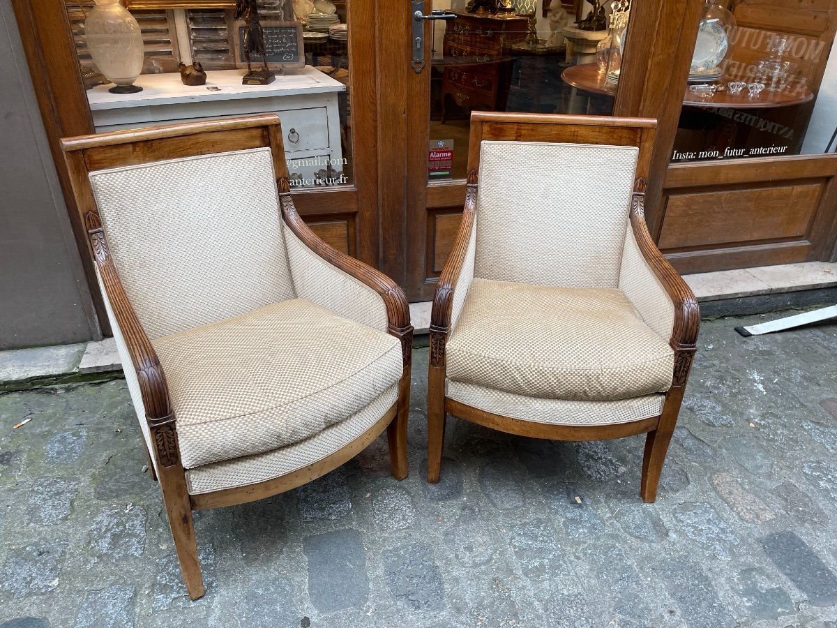 Old Pair Of Bergeres Empire Armchairs In Walnut XIXth Time Very Good Condition