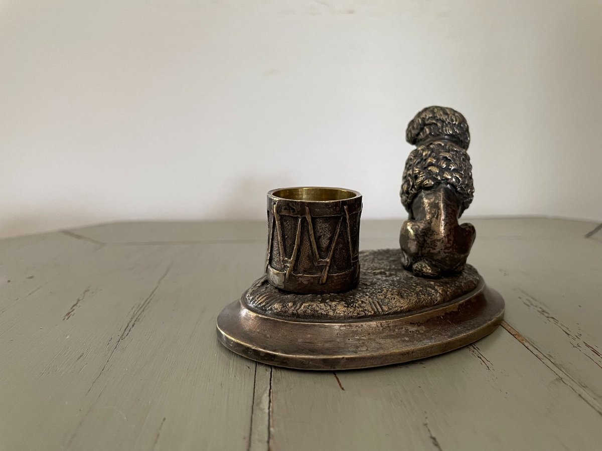 Old Pyrogenic Animal Bronze Inkwell In Silver Bronze: The Poodle And The Drum XIX-photo-3