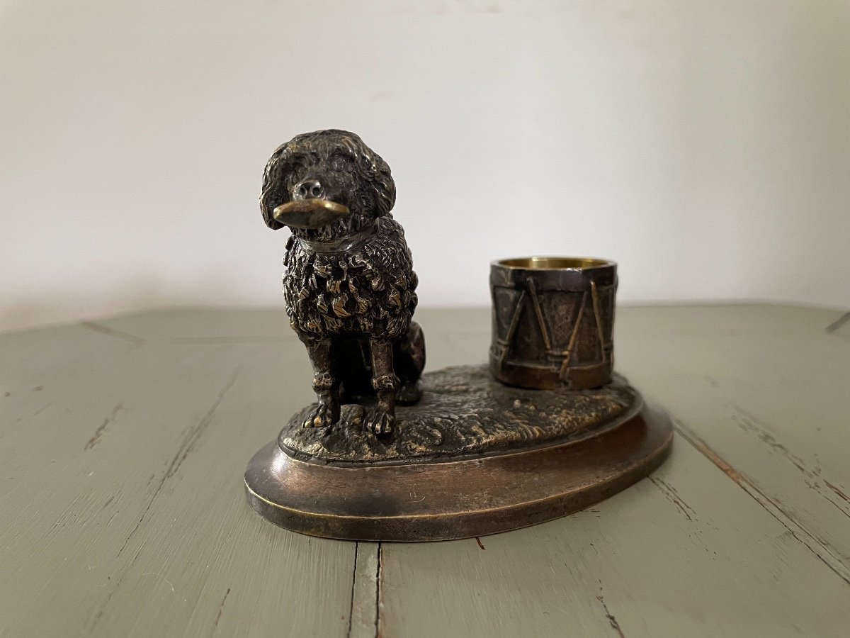 Old Pyrogenic Animal Bronze Inkwell In Silver Bronze: The Poodle And The Drum XIX